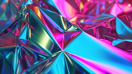 Vivid close-up of a crumpled holographic surface creating a dynamic spectrum of geometric reflections in pink, blue, and green.