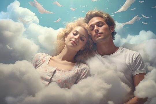 Beautiful young couple in love dreaming about flying in the sky with clouds, A couple dreaming together, depicted as floating on clouds, AI Generated