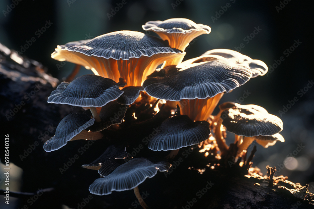 Poster An abstract representation of a luminous fungus within a dark ecosystem, emphasizing the contrast between light and shadow.