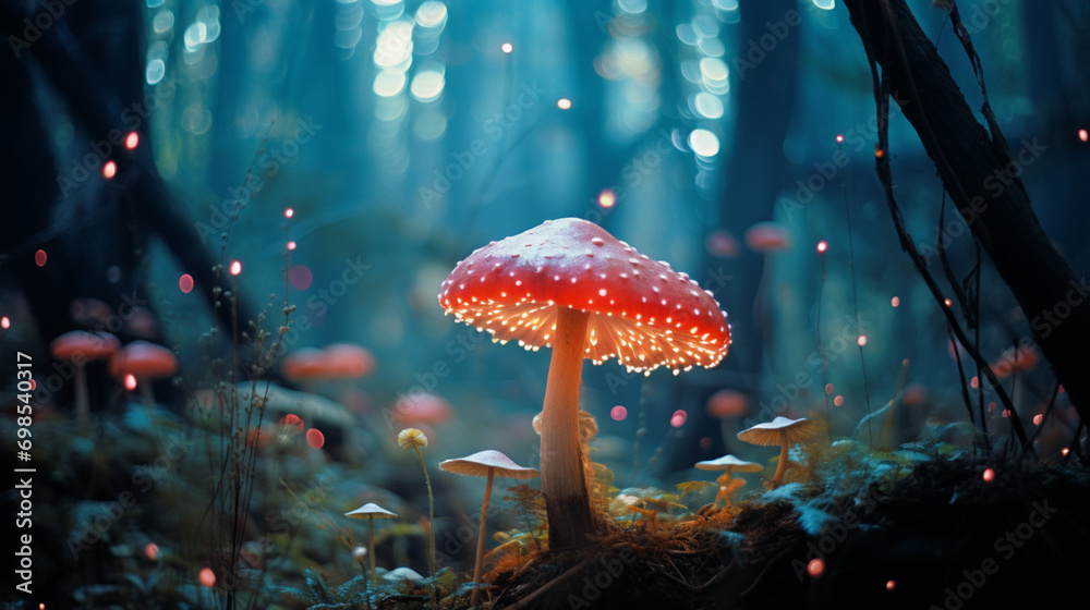 Poster a dreamlike scene featuring a glowing mushroom, perfect for creating surreal and imaginative designs