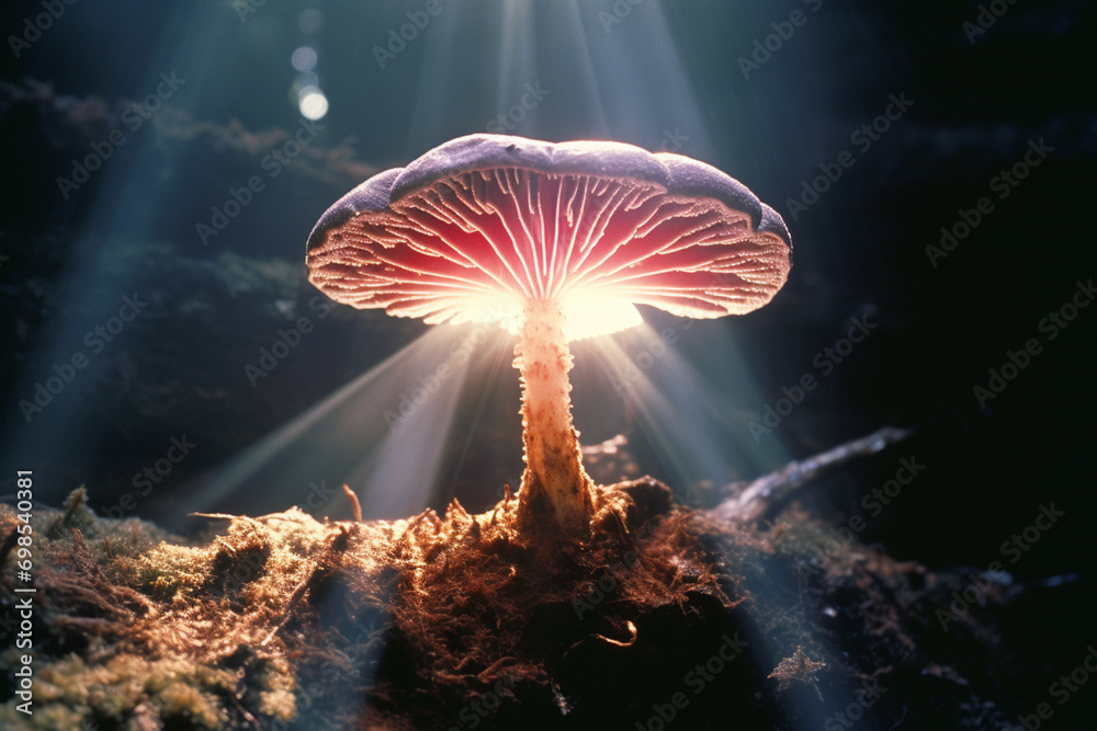 Poster a captivating image of a mushroom casting a radiant halo of light, offering a celestial and divine q