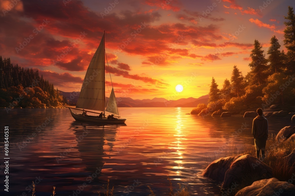 Wall mural Sailing boat on the lake at sunset. 3d render, A couple sailing on a peaceful lake as the sun sets, AI Generated