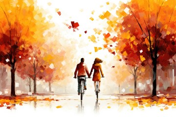 Obraz na płótnie Canvas Couple in love riding bicycle in autumn park. Digital watercolor painting, A couple on a tandem bicycle passing through colorful autumn foliage, AI Generated