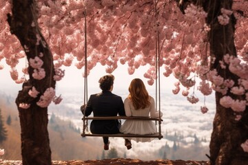 Romantic couple in love sitting on a swing in a cherry blossom garden, A couple sitting on a swing under a cherry blossom tree during full bloom, AI Generated - obrazy, fototapety, plakaty