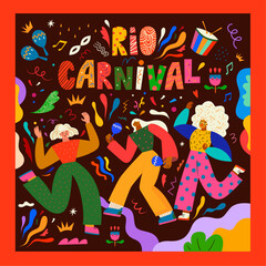 Fototapeta premium Poster carnival party. Design for Brazil Carnival. Decorative illustration with dancing people. Music festival illustration