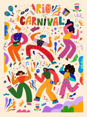 Poster carnival party. Design for Brazil Carnival. Decorative illustration with dancing people. Music festival illustration