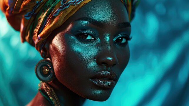 African, Fashion And Portrait Of Black Woman On Blue Background With Head Scarf, Glowing Skin And Makeup. Beauty, Glamour And Face Of Female Model With Exotic Style