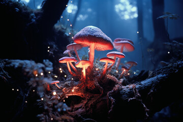 Obraz premium An elegant portrayal of a glowing mushroom, showcasing its bioluminescent beauty in a refined and sophisticated manner.