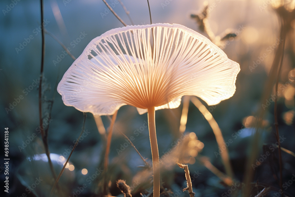 Poster an abstract representation of a mushroom in bloom, radiating a soft and ethereal glow, ideal for nat
