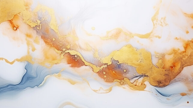 Marble ombre, alcohol ink, abstract art. Background made of white, gold and light blue paints, gold veins. Generative AI