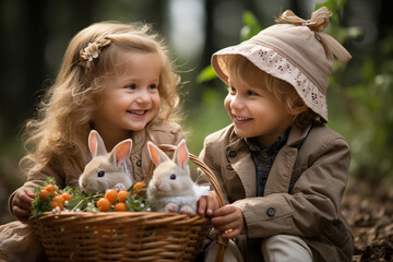 Enfants avec des lapins à Pâques
