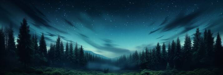 Night sky over the forest. A panoramic view of the forest under the starry night sky - Powered by Adobe