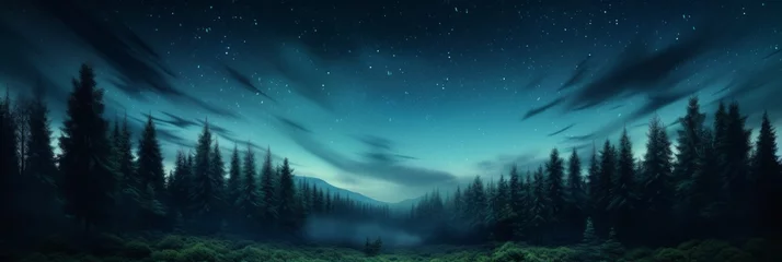 Fotobehang Night sky over the forest. A panoramic view of the forest under the starry night sky © ColdFire