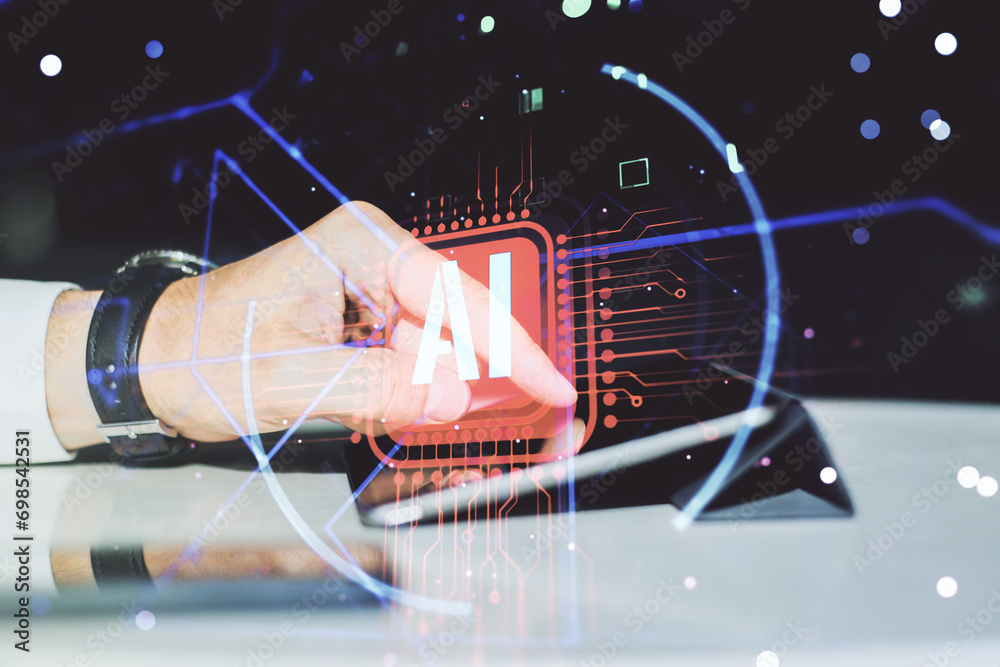 Poster Double exposure of creative artificial Intelligence abbreviation and hand working with a digital tablet on background. Future technology and AI concept