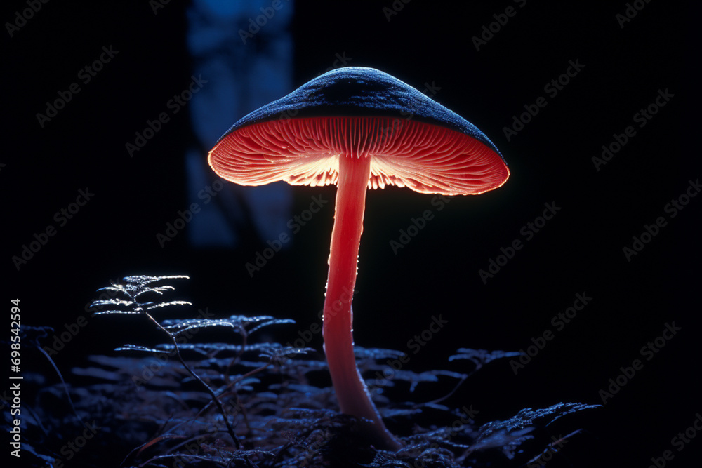 Poster a silhouette of a glowing mushroom against a dark backdrop, creating a dramatic and visually strikin