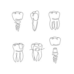 Teeth collection implant, braces, tooth crown, dental seal drawing in flat line style on white background