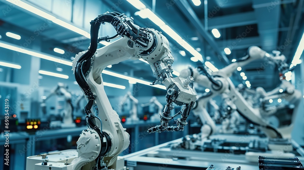 Poster automation robot arms machine in intelligent factory industrial on real time monitoring system softw