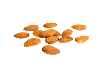 pile almonds isolated on white background, top view. Flat lay Healthy food concept