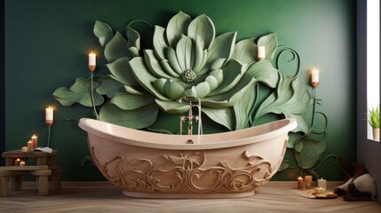 Wooden bathtub against a green wall with lotus flower decoration