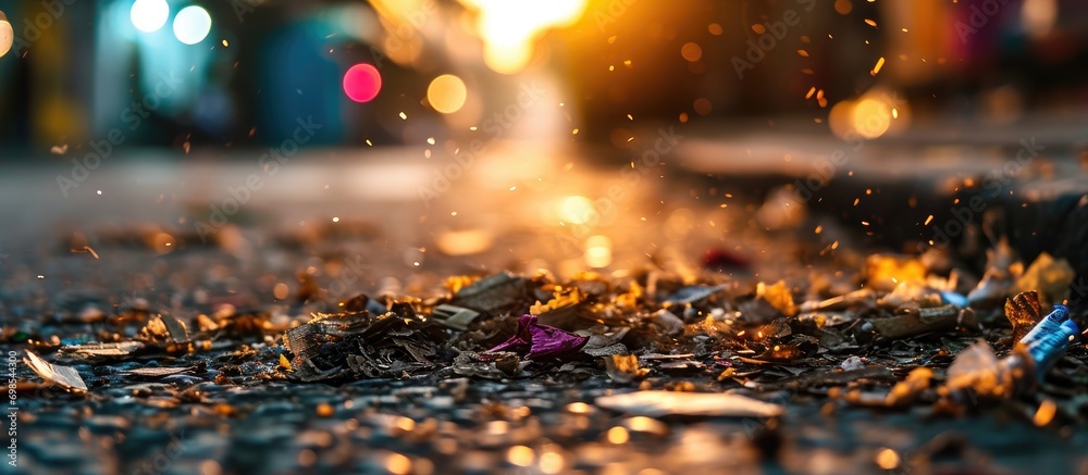 Poster Street in Thailand with burnt firecrackers scattered on it in close-up.