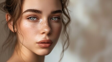 Obraz premium Beauty and Skincare Concept. Beautiful natural young woman face with nude makeup on a flawless skin