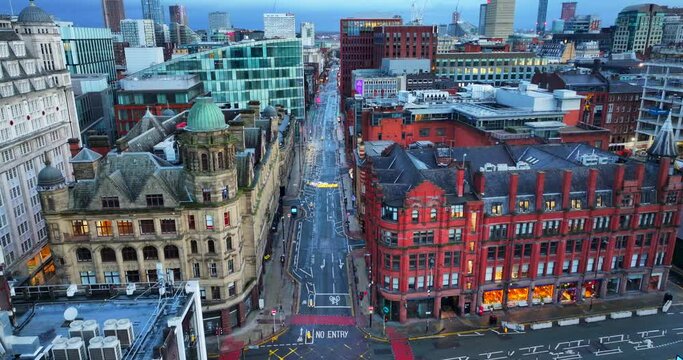 Aerial video of Manchester showing streets and roads empty