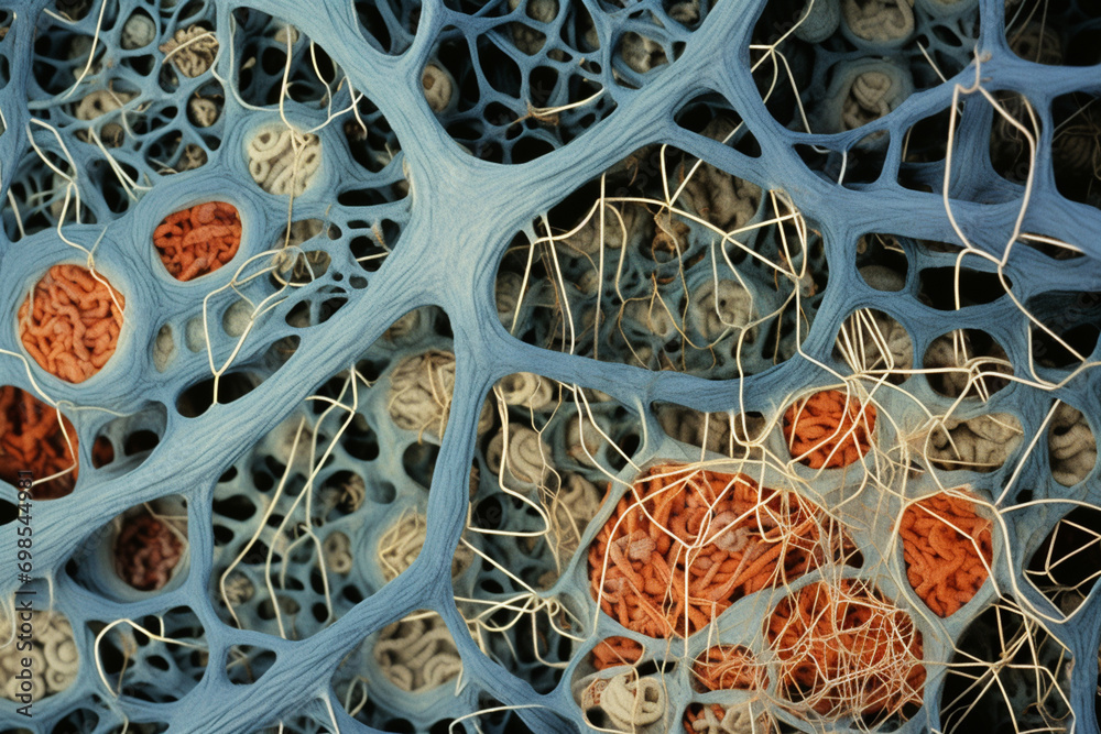 Poster A detailed image capturing the intricate tapestry of a cell, with its networks of organelles and cellular components finely woven together.