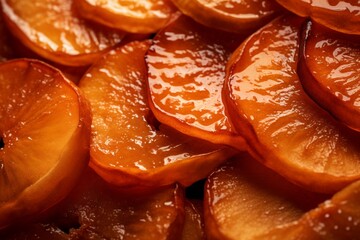 Baked apples with caramel syrup, macro background