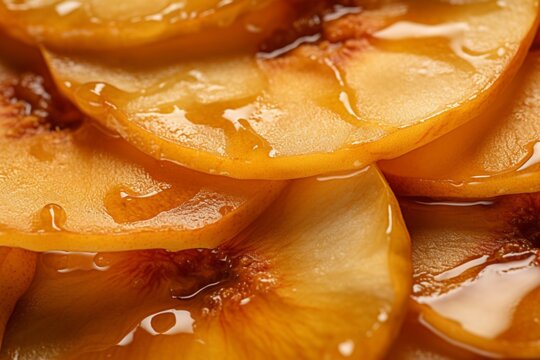 Baked apple slices with caramel, close-up textured background
