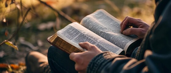 A man sitting by an open Bible is engrossed in prayer