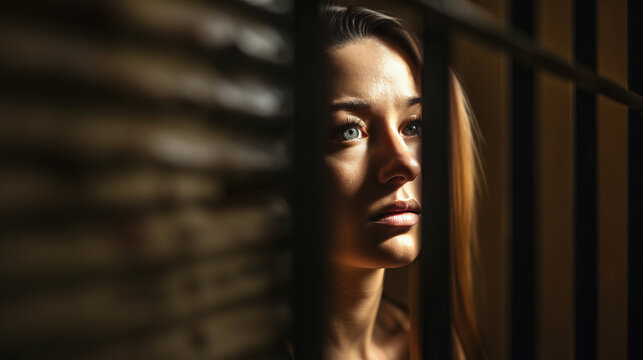 Sorrowful female inmate sad behind bars desperately asking to released from custody symbolizing quest for fairness, treacherous criminal woman in prison embodies societal threat