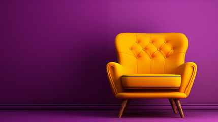 Bold yellow armchair on purple, suited for interior design, modern living spaces