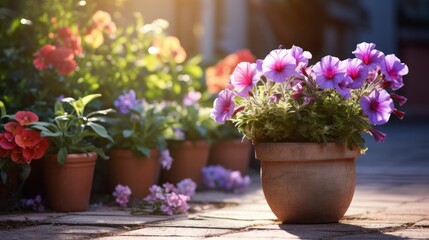 Fototapeta na wymiar Beautiful flowers in pots outside in the garden