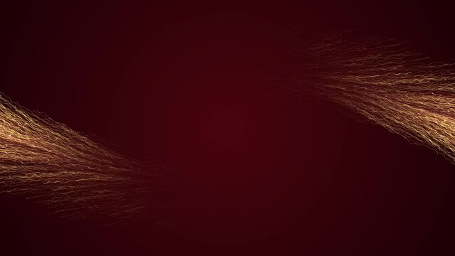 On a dark red background, abstract golden feathers appear framing the middle of the background with fade. Animation of abstract background with lighting effects.