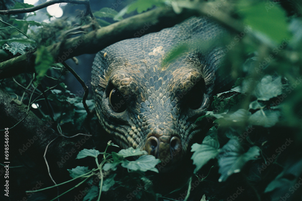 Poster a basilisk, a serpent with the power to petrify with its gaze, slithering through an enchanted fores