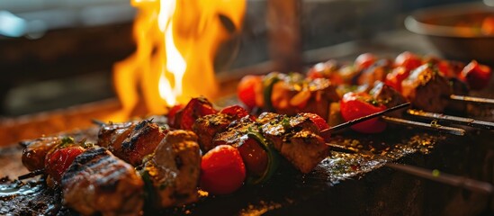 Turkey kebab on the grill, skewers, Turkish restaurant, dinner, Turkey's food culture. - obrazy, fototapety, plakaty