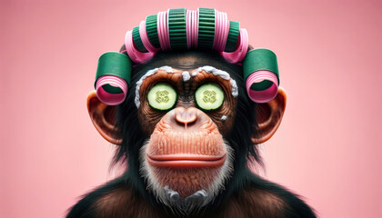 Funny chimpanzee with curlers, face cream and cucumber slices in the eyes. Monkey chimp funny and cute getting beauty care