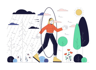 Bipolar disorder 2D linear illustration concept. Transit from rainy days to sunny weather woman cartoon character isolated on white. Seasonal depression metaphor abstract flat vector outline graphic