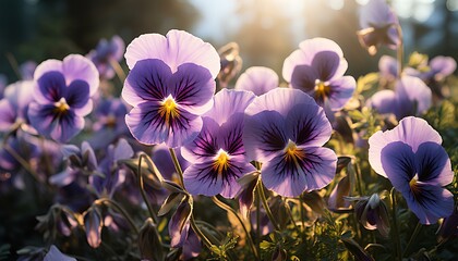 purple crocus flowers. pansy flower bed. pansy flower closeup. pansy flower field. colourful flowers in the sun. spring time flowers. winter time flowers - obrazy, fototapety, plakaty
