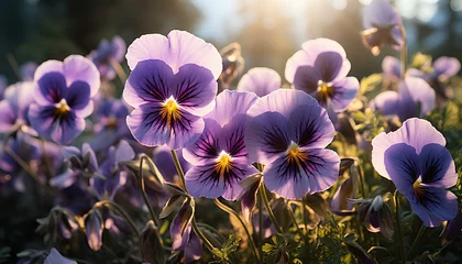 Gordijnen purple crocus flowers. pansy flower bed. pansy flower closeup. pansy flower field. colourful flowers in the sun. spring time flowers. winter time flowers © Divid