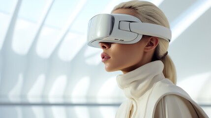 A woman experiences a modern, sleek virtual reality environment, with a minimalist white headset and attire.
