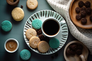 Coffee and cookies on aqua background