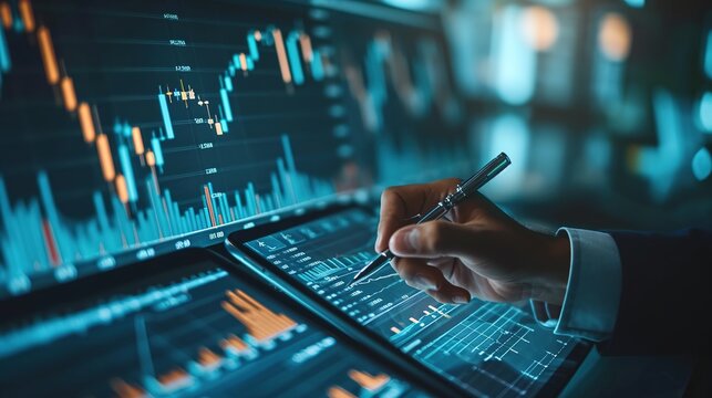 Businessman, finance analyst analyzing stock market trend and economic graph growth chart