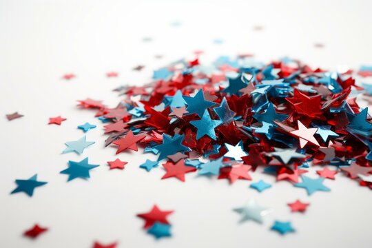 Star shaped red and blue confetti for July 4th or patriotic events. White background. Illustration. Generative AI