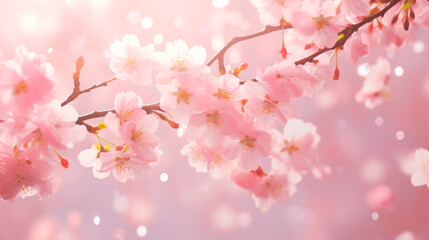 Scattered pink cherry blossoms on blurred soft pink background with bokeh effect with feeding flower leaves. Banner for cosmetic products. Japanese Hanami holiday of sakura blossoms. Relaxation.Banner
