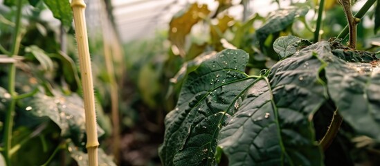 Leaf wilting on mature eggplant plants in a greenhouse caused by diseases or errors in vegetable cultivation, like accidental herbicide usage or agricultural mishaps.