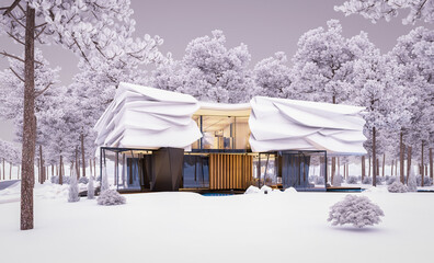 3d rendering of modern house with bionic natural curves plastic forms in winter evening