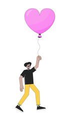 Hispanic man flying with balloon in hands 2D linear cartoon character. Heart shaped baloon male latin american isolated line vector person white background. Dreamy color flat spot illustration