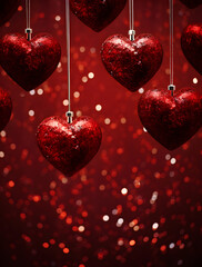 Red hearts hanging on red strings, in the style of glittery and shiny