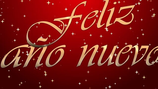 Feliz ano nuevo 2024 numbers. Happy New Year 2024 Spanish wish. Graphics of Sparkling animated Golden letters and numbers on dark Red background. 
